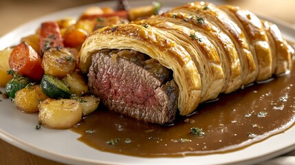 A delicious meal with roast pork, beef, potatoes, and bread served on a white plate, featuring gourmet dishes, salad, and cheese, perfect for breakfast, lunch, or dinner