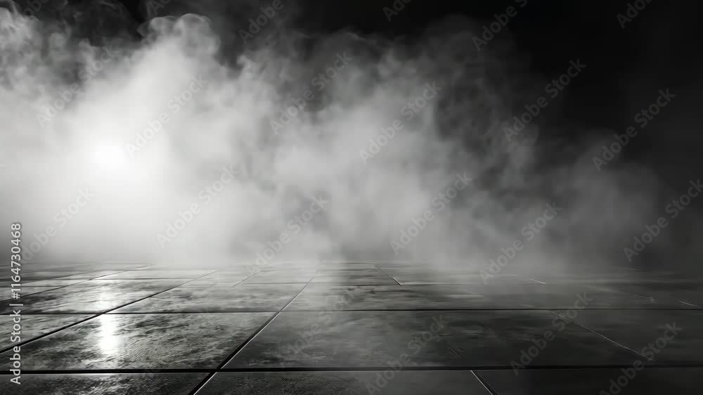 Poster fog rolls over a glossy tiled surface in a dimly lit space creating an atmospheric effect