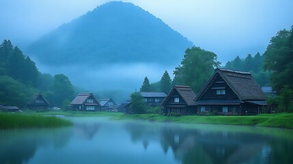 Fototapeta premium Misty Morning in a Japanese Village with Thatched Roof Houses