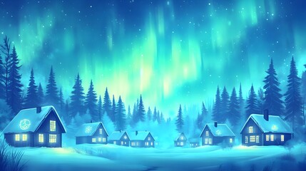 magical winter village, aurora borealis - winter wonderland