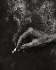 Wrinkled hand holding a lit cigarette with smoke.