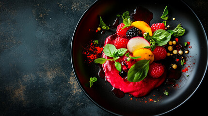 Gourmet dessert plate featuring fresh fruits and vibrant sauces presented elegantly