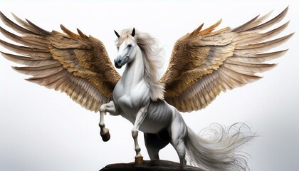 A majestic mythical creature of the Pegasus spreading the wings against a white background; legendary creature of Pegasus with wings; myth and folklore; white Pegasus with wings; a strong white horse
