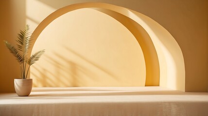 Fototapeta premium Sunlit Minimalist Interior with Archways and Palm Plant