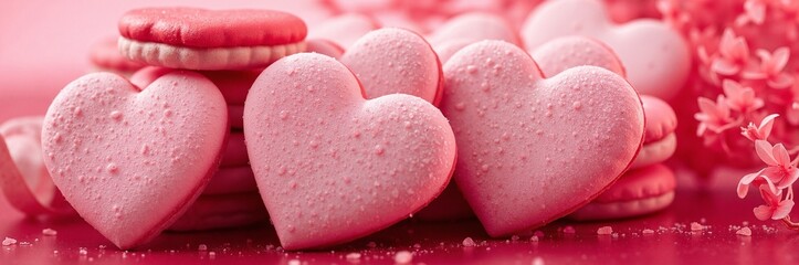 Obraz premium Valentine's Day Heart-Shaped Cookies with Pink Macarons on a Romantic Background