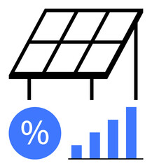 Solar panel icon with supporting legs above a blue percentage sign and a bar graph increasing in height. Ideal for sustainable energy, investment trends, efficiency metrics, growth analytics
