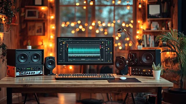 Cozy Home Music Studio Setup with Warm Lighting