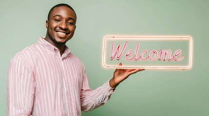 Smiling Man Holding a Welcome Neon Sign