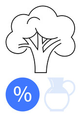 Stylized tree outline above blue percentage symbol and pitcher. Ideal for eco-friendly concepts, sustainability, nature conservation, environmental awareness, resource management, discount offers