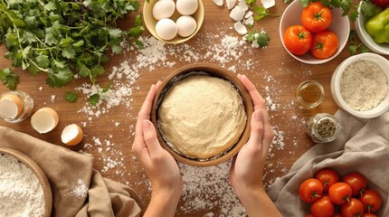 Fototapeta premium Hands holding dough on a rustic table surrounded by food ingredients such as cracked eggs, tomatoes, and flour. Perfect for food blogs, cooking tutorials, or culinary advertising campaigns