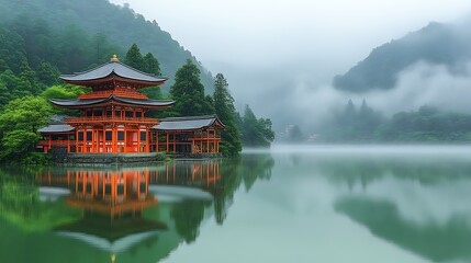 Fototapeta premium Serene Temple Reflecting in Misty Mountain Lake