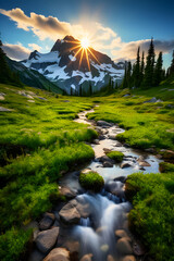 Obraz premium The Majestic Vista of Earth's Wilderness: Untouched Forest, Gleaming River, and Snow-Capped Mountains