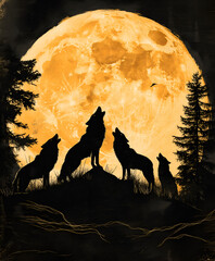 Graphic illustration of a silhouette of a wolf pack howling at the moon