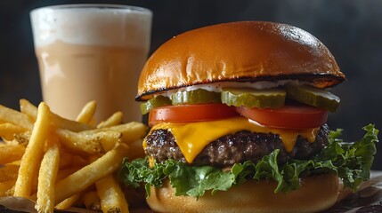 A delicious cheeseburger with fries served on a sesame bun with lettuce, tomato, onion, bacon, and grilled beef, isolated on a white background, perfect for a fast food meal
