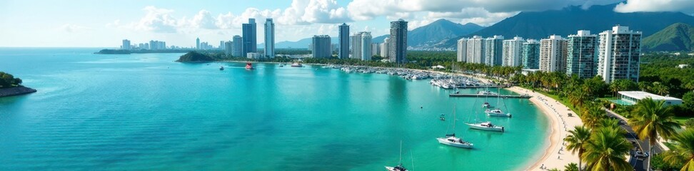Obraz premium Aerial drone shot of marina's skyline with palm trees and turquoise water, ocean, building