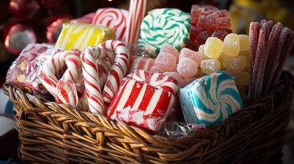 Colorful candy canes and sweets in a basket for celebration and holidays