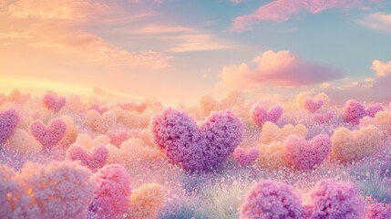 a dreamy wallpaper with soft pastel flowers arranged in heart shapes across a calm, pastel-colored field. perfect for a Valentine's Day wallpaper. 