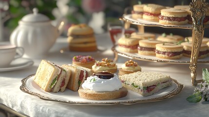 Beautiful cake with nuts and raisins, chocolate cookies, and a festive meal with various dishes served at a celebration or banquet