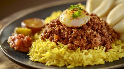 A delicious plate of rice with chicken, pork, vegetables, and a spicy sauce, perfect for a gourmet lunch or dinner