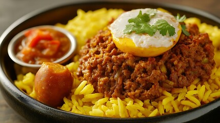 A delicious plate of rice with chicken, pork, vegetables, and a spicy sauce, perfect for a gourmet lunch or dinner