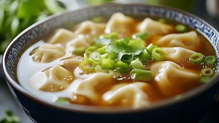 A bowl of delicious chicken noodle soup with vegetables and rice, served hot with meatballs, fresh parsley, and a garnish of carrots, perfect for a healthy lunch or dinner