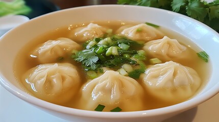 A bowl of delicious chicken noodle soup with vegetables and rice, served hot with meatballs, fresh parsley, and a garnish of carrots, perfect for a healthy lunch or dinner