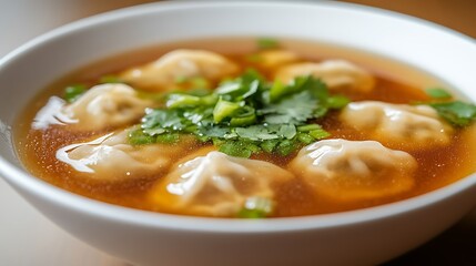 A bowl of delicious chicken noodle soup with vegetables and rice, served hot with meatballs, fresh parsley, and a garnish of carrots, perfect for a healthy lunch or dinner