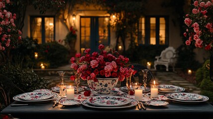 Romantic garden dinner setting with roses, candles, and fine china.