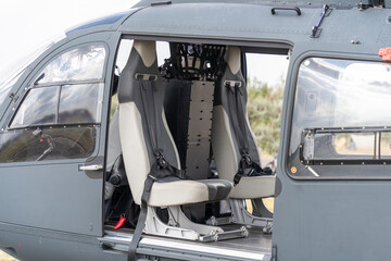 Gray painted modern H145M military transport helicopter interior