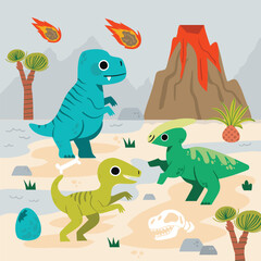 Dinosaur-Themed Prehistoric Set for Kids’ Projects with Colorful Dinosaurs Volcanoes Plants Eggs Skeletons and Meteor Elements