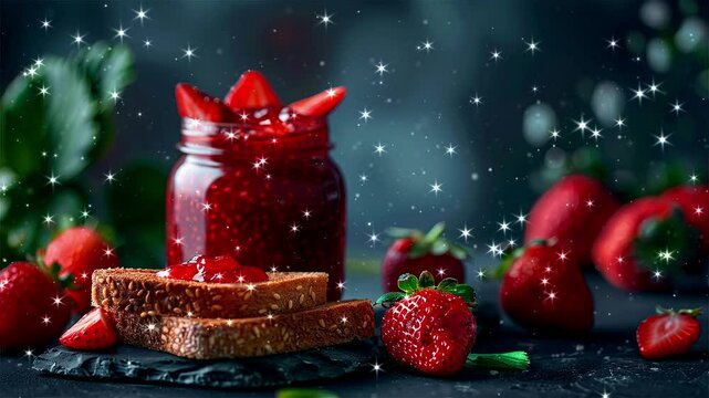 Strawberry jam on the bread. Strawberry jam. Jars of sweet strawberry jam, fresh berries and bread on table. Looped effect. Loop particles. Loop background. Generated AI.