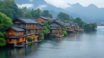 Naklejka premium Wooden Houses Line Misty River Scenic Mountain View