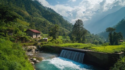 A picturesque scene with a micro hydropower plant generating clean energy for a nearby farm