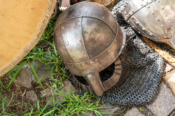 Medieval Norman style helmet with chain strap