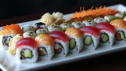 Salmon sushi with wasabi and fresh vegetables on a plate