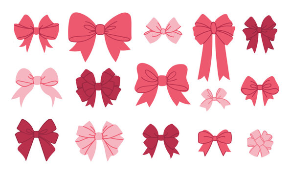 Set of pink bows on white background. Vector illustration in flat style.