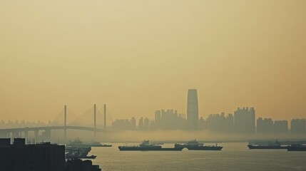 Fototapeta premium Fog Over Cityscape with Bridge and Boats at Dusk