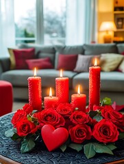 Valentine's day setup with beautiful red roses and red candles