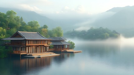 Naklejka premium Serene Mountain Lake Houses Nestled In Misty Landscape