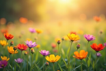 Fototapeta premium Soft focus on a field of colorful wildflowers against a warm abstract background, abstract, serene