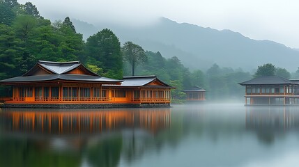Naklejka premium Tranquil Japanese Houses on Misty Lake Surrounded by Lush Green Mountains