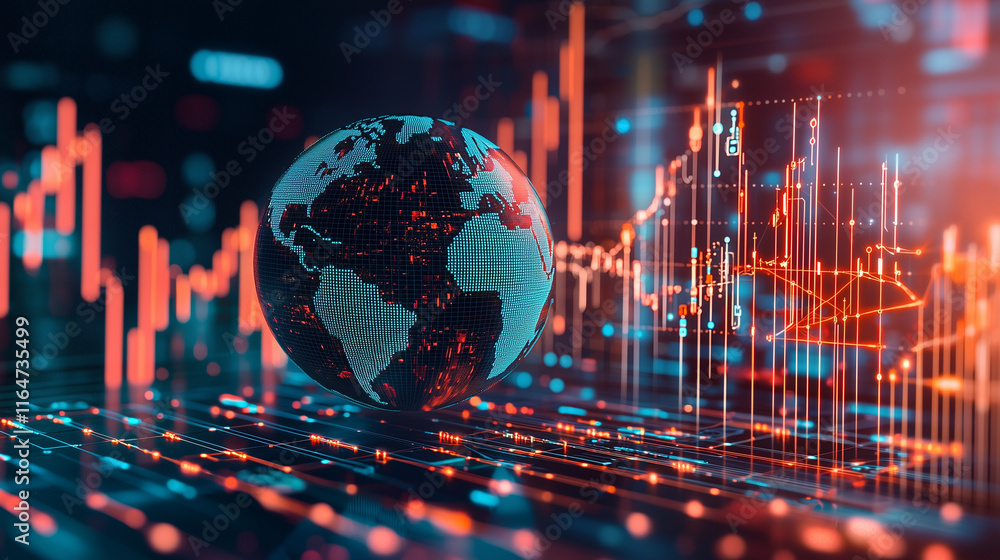 Poster a 3d rendering depicts a globe overlaid with dynamic, vibrant financial data charts illustrating glo