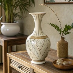 A large vase elegantly placed on a wooden table, showcasing its design against a natural backdrop