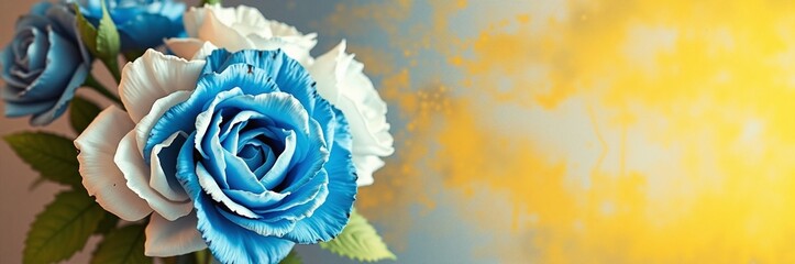 Obraz premium Blue and White Roses in a Bouquet with a Warm Yellow Background for Happy Valentine's Day