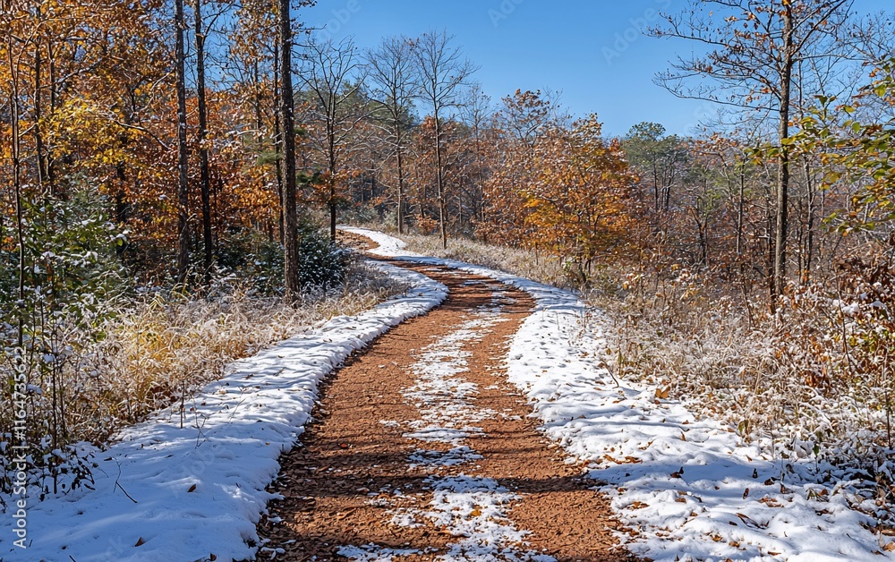 Poster winding path through autumnal forest, lightly dusted with snow.