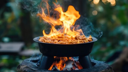 A portable LPG gas stove being used for outdoor camping, with food cooking over a flame