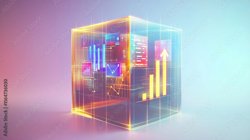 Poster a translucent cube displays dynamic financial data, charts, graphs, and an upwardtrending arrow, sym