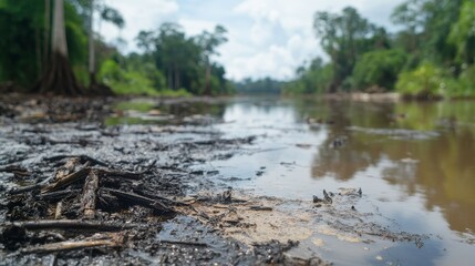 Obraz premium Polluted Tropical River Under Bright Natural Light