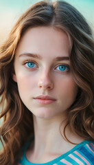 Fototapeta premium a close-up of a young woman with striking blue eyes and wavy brown hair. She is wearing a colorful, striped top and is bathed in a soft, ethereal light that highlights her facial features. The backgro