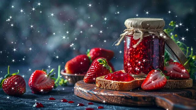 Strawberry jam on the bread. Strawberry jam. Jars of sweet strawberry jam, fresh berries and bread on table. Looped effect. Loop particles. Loop background. Generated AI.